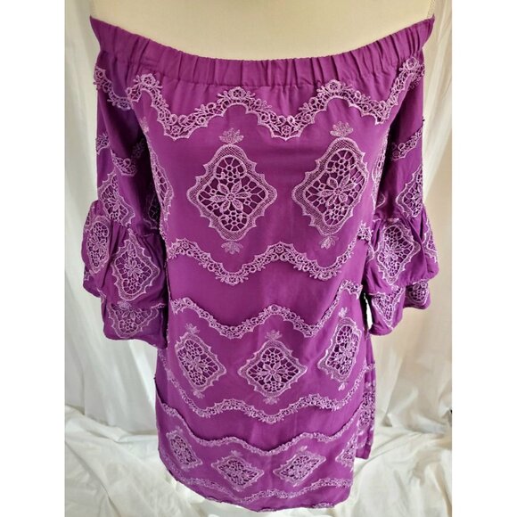 Boston Proper Womens Off Shoulder Dress Size Sm Purple Metallic Lace Bell Sleeve - Picture 7 of 16